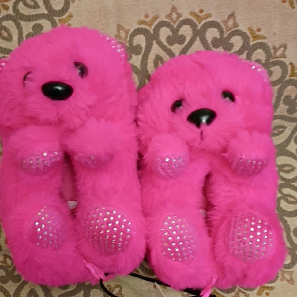 Pink Fuzzy Bear Kids Slippers